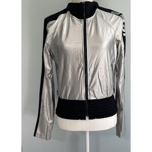 Bebe Sport Womens Metallic Silver Black Moto Jacket Fitted Zip Smoked Size Large